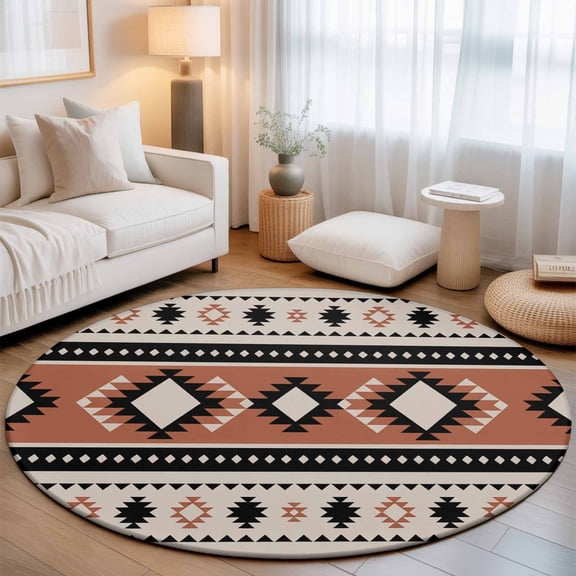 Washable Round Area Rug Retro Medieval Aztec Geometric Circle Rugs Floor Carpet for Living Room Bedroom, Abstract Tribal Pattern Soft Non Slip Round Rug 3ft