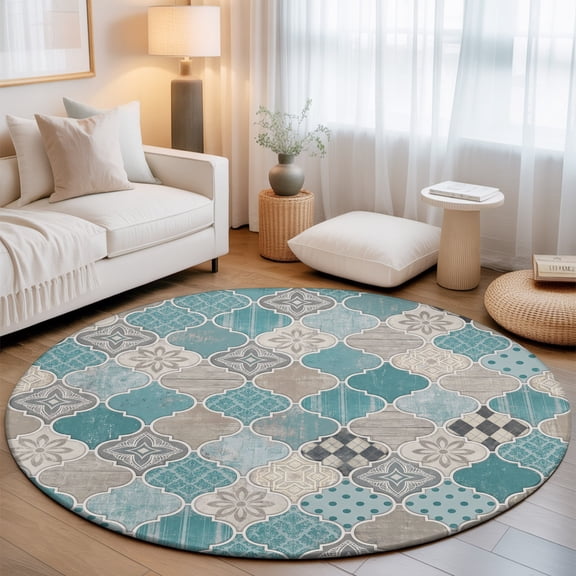 Washable Round Area Rug Retro Moroccan Plaid Teal Gradient Circle Rugs Floor Carpet for Living Room Bedroom, Abstract Geometric Soft Non Slip Round Rug 3ft