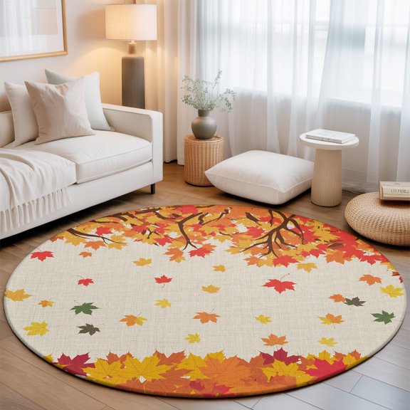 Washable Round Area Rug Retro Thanksgiving Maple Leaf Circle Rugs Floor Carpet for Living Room Bedroom, Country Leaves Soft Non Slip Round Rug 3ft