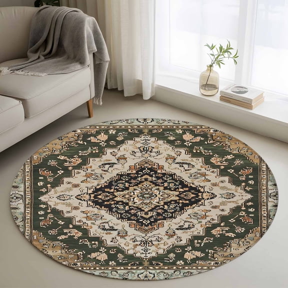 Washable Round Area Rug Retro Traditional Turkish Floral Pattern Circle Rugs Floor Carpet for Living Room Bedroom, Vintage Medieval Art Soft Non Slip Round Rug 3ft