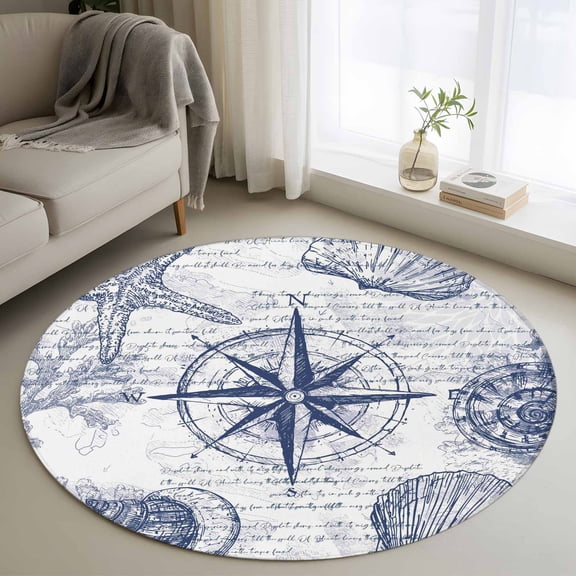 Washable Round Area Rug Retro Watercolor Starfish Compass Circle Rugs Floor Carpet for Living Room Bedroom, Nautical Theme Letter Back Soft Non Slip Round Rug 3ft