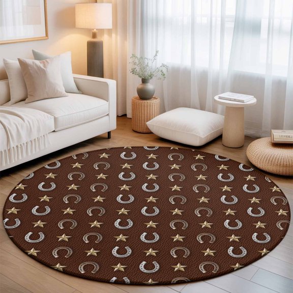 Washable Round Area Rug Retro Western Horse-footed Iron on Brown Circle Rugs Floor Carpet for Living Room Bedroom, Yellow Star Soft Non Slip Round Rug 3ft