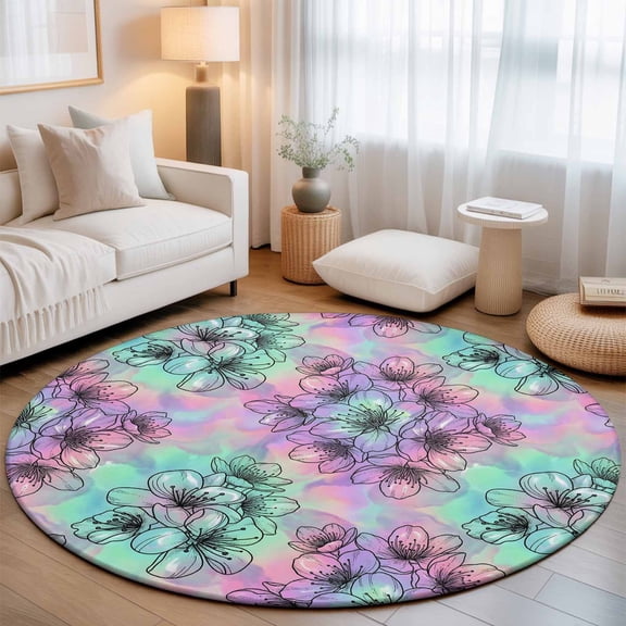 Washable Round Area Rug Romantic Pink Purple Mint Green Floral Circle Rugs Floor Carpet for Living Room Bedroom, Abstract Flower Soft Non Slip Round Rug 3ft