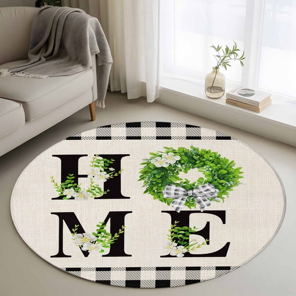 Washable Round Area Rug Rustic Green Leaf Flower Circle Rugs Floor Carpet for Living Room Bedroom, Retro Linen Buffalo Plaid Soft Non Slip Round Rug 3ft