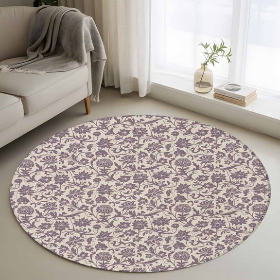 Washable Round Area Rug Rustic Wildflower Purple Floral Circle Rugs Floor Carpet for Living Room Bedroom, Vintage Linen Texture Soft Non Slip Round Rug 3ft