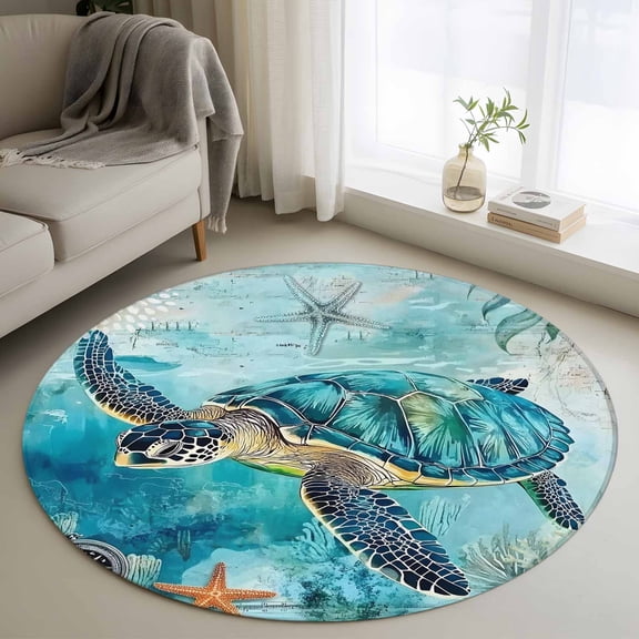 Washable Round Area Rug Sea ​​turtle Starfish Compass Circle Rugs Floor Carpet for Living Room Bedroom, Blue Ocean World Soft Non Slip Round Rug 3ft