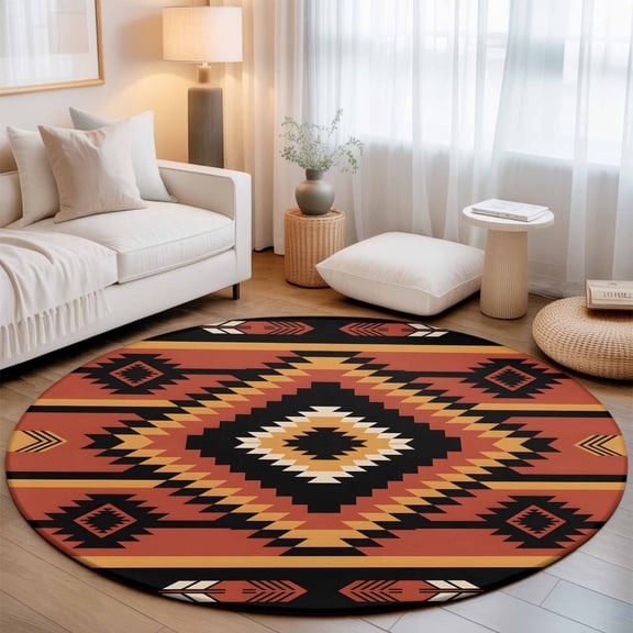 Washable Round Area Rug Southwest Aztec Tribe Texture Circle Rugs Floor Carpet for Living Room Bedroom, Abstract Ethnic Geometric Art Soft Non Slip Round Rug 3ft