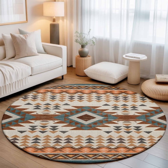 Washable Round Area Rug Southwestern Ethnic Geometric Art Circle Rugs Floor Carpet for Living Room Bedroom, Rustic Tribal Native Arrows Soft Non Slip Round Rug 3ft