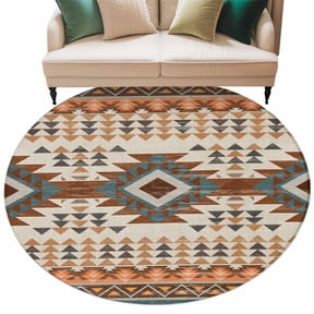 Washable Round Area Rug Southwestern Ethnic Geometric Art Circle Rugs Floor Carpet for Living Room Bedroom, Rustic Tribal Native Arrows Soft Non Slip Round Rug 5ft