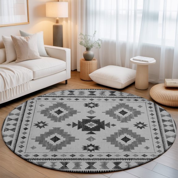 Washable Round Area Rug Southwestern Tribal Geometric Circle Rugs Floor Carpet for Living Room Bedroom, Retro Aztec Gray Diamond Soft Non Slip Round Rug 3ft