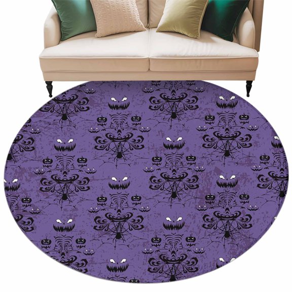 Washable Round Area Rug Spooky Halloween Haunted Ghost Cobweb Circle Rugs Floor Carpet for Living Room Bedroom, Black Purple Soft Non Slip Round Rug 5ft