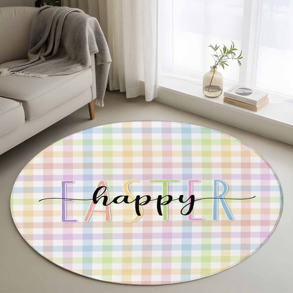 Washable Round Area Rug Spring Colorful Checkered Circle Rugs Floor Carpet for Living Room Bedroom, Easter Buffalo Plaid Minimalist Style Soft Non Slip Round Rug 3ft