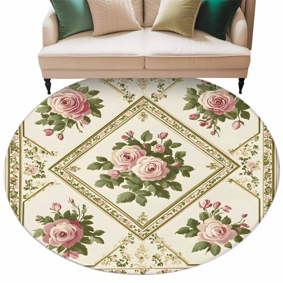 Washable Round Area Rug Spring Floral Pink Rose Botanical Circle Rugs Floor Carpet for Living Room Bedroom, Vintage Diamond Pattern Soft Non Slip Round Rug 5ft