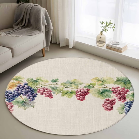 Washable Round Area Rug Spring Watercolor Grape Leaves Circle Rugs Floor Carpet for Living Room Bedroom, Country Vine Retro Linen Soft Non Slip Round Rug 3ft
