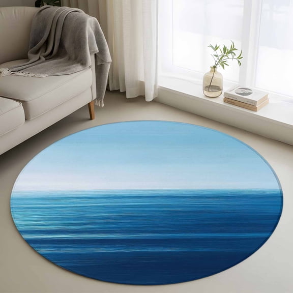 Washable Round Area Rug Summer Blue Sea Ocean Circle Rugs Floor Carpet for Living Room Bedroom, Tranquility Minimalist Style Soft Non Slip Round Rug 4ft