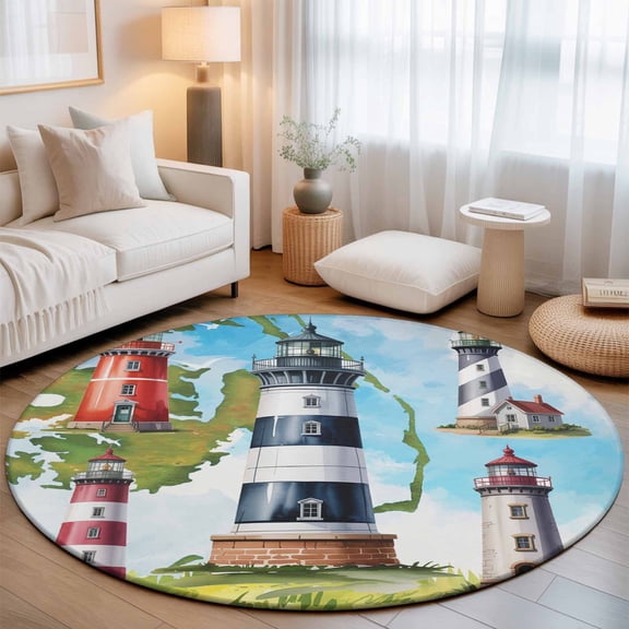 Washable Round Area Rug Summer Coastal Nautical Lighthouse Circle Rugs Floor Carpet for Living Room Bedroom, Ocean Beach Theme Soft Non Slip Round Rug 3ft