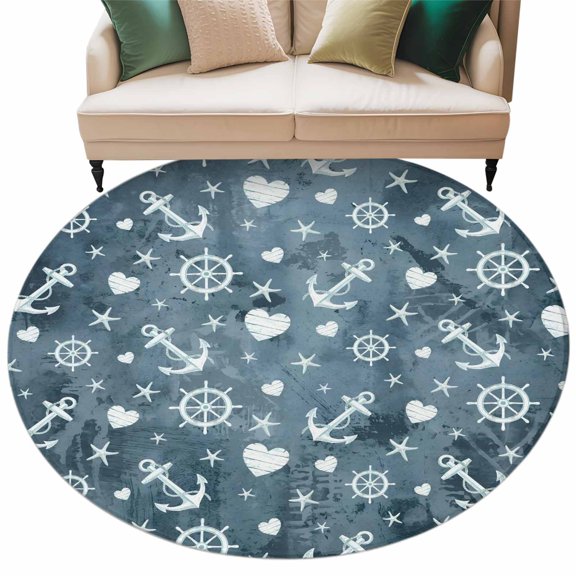 Washable Round Area Rug Summer Marine Anchor Compass Circle Rugs Floor Carpet for Living Room Bedroom, Retro Starfish Heart on Gray Blue Soft Non Slip Round Rug 5ft