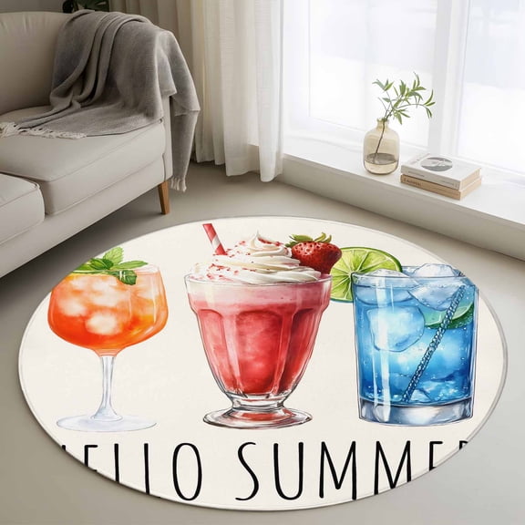 Washable Round Area Rug Summer Orange Red Blue Cocktail Dessert Circle Rugs Floor Carpet for Living Room Bedroom, Ice Cube Lemon Soft Non Slip Round Rug 3ft