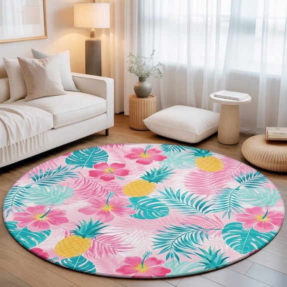 Washable Round Area Rug Summer Pineapple Monstera Leaves Circle Rugs Floor Carpet for Living Room Bedroom, Tropical Plant Pink Soft Non Slip Round Rug 3ft