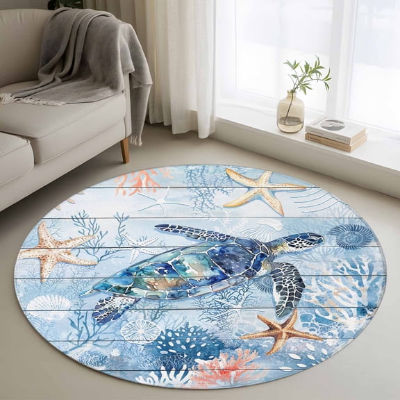 Washable Round Area Rug Summer Sea Turtle Starfish Coral Circle Rugs Floor Carpet for Living Room Bedroom, Blue Ocean World Soft Non Slip Round Rug 3ft