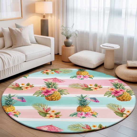 Washable Round Area Rug Summer Tropical Fruit Pineapple Circle Rugs Floor Carpet for Living Room Bedroom, Pink Green Striped Soft Non Slip Round Rug 3ft