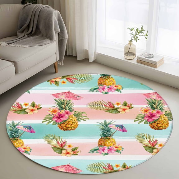 Washable Round Area Rug Summer Tropical Fruit Pineapple Circle Rugs Floor Carpet for Living Room Bedroom, Pink Green Striped Soft Non Slip Round Rug 4ft