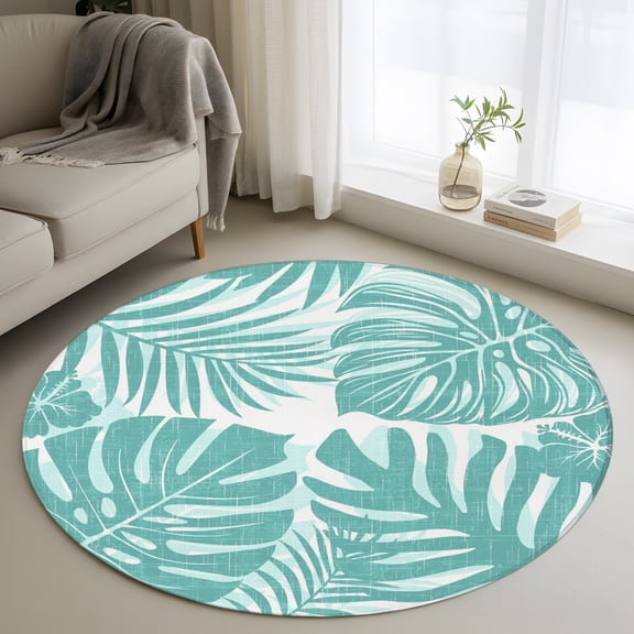Washable Round Area Rug Summer Turquoise Monstera Palm Leaf Circle Rugs Floor Carpet for Living Room Bedroom, Tropical Plant Leaves Soft Non Slip Round Rug 4ft