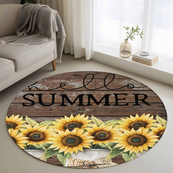 Washable Round Area Rug Summer Vintage Sunflowers Brown Wood Circle Rugs Floor Carpet for Living Room Bedroom, Vintage Rural Floral Art Soft Non Slip Round Rug 3ft