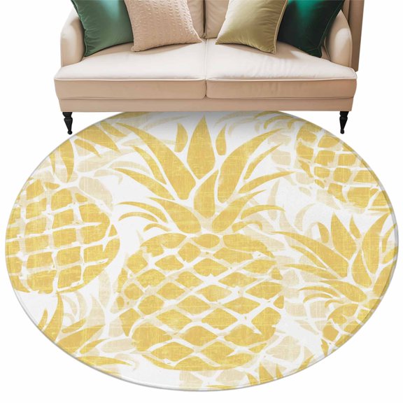 Washable Round Area Rug Summer Yellow Pineapple Leaves Circle Rugs Floor Carpet for Living Room Bedroom, Abstract Tropical Fruit Soft Non Slip Round Rug 5ft