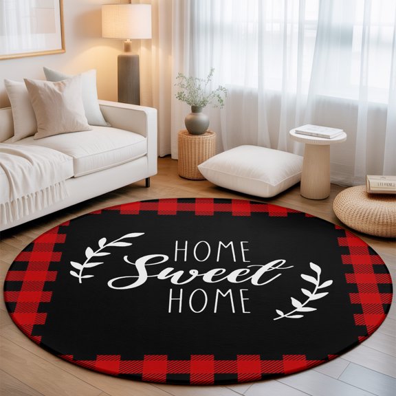 Washable Round Area Rug Sweet Home Text Farmhouse Leaf Circle Rugs Floor Carpet for Living Room Bedroom, Country Red Black Checkered Soft Non Slip Round Rug 3ft
