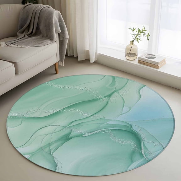 Washable Round Area Rug Teal Abstract Marble Texture Circle Rugs Floor Carpet for Living Room Bedroom, Nature Stone Agate Soft Non Slip Round Rug 3ft