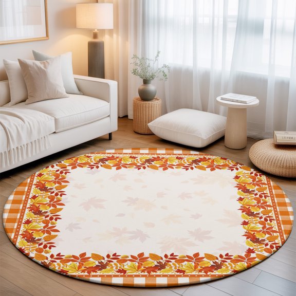 Washable Round Area Rug Thanksgiving Autumn Maple Leaf Circle Rugs Floor Carpet for Living Room Bedroom, Orange White Check Soft Non Slip Round Rug 3ft