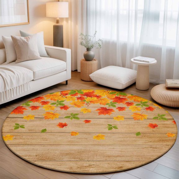 Washable Round Area Rug Thanksgiving Maple Leaf Circle Rugs Floor Carpet for Living Room Bedroom, Autumn Leaves Farmhouse Wood Plank Soft Non Slip Round Rug 3ft