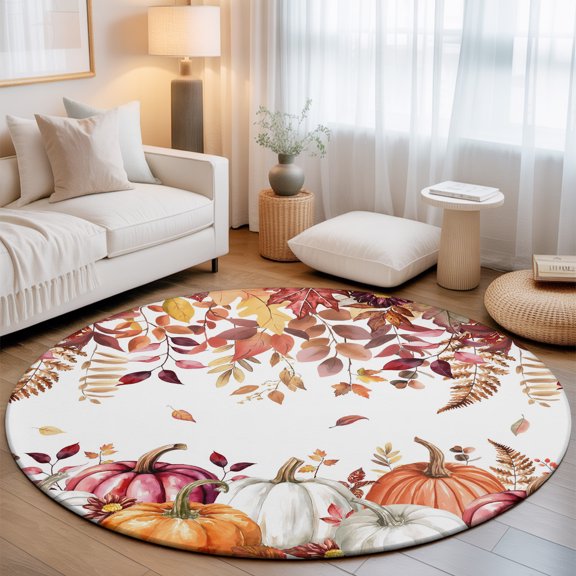 Washable Round Area Rug Thanksgiving Orange Pumpkin Circle Rugs Floor Carpet for Living Room Bedroom, Dark Red Leaves on Top Soft Non Slip Round Rug 3ft