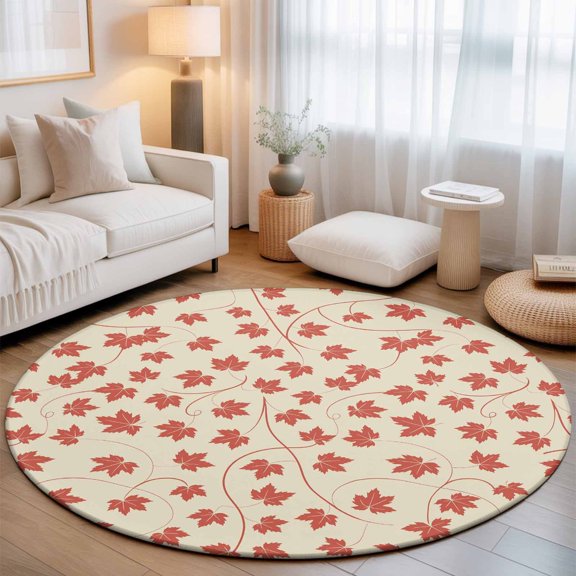 Washable Round Area Rug Thanksgiving Seamless Maple Leaf Circle Rugs Floor Carpet for Living Room Bedroom, Light Yellow Red Soft Non Slip Round Rug 3ft