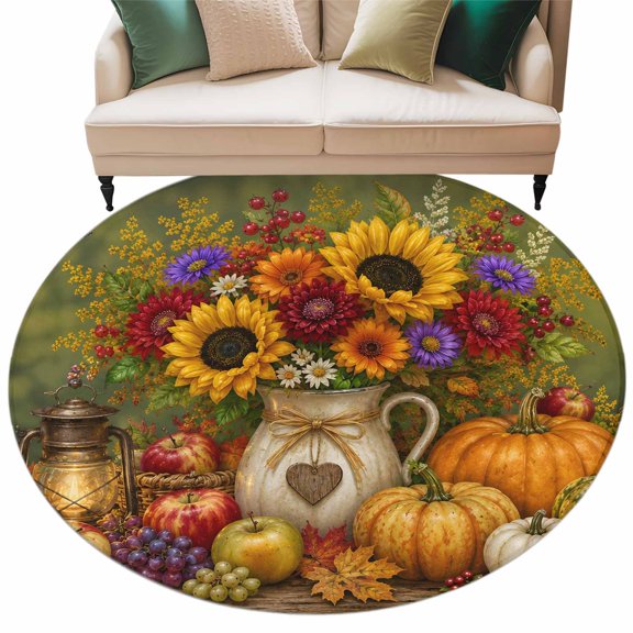 Washable Round Area Rug Thanksgiving Sunflowers Pumpkins Circle Rugs Floor Carpet for Living Room Bedroom, Pitcher Vase Butterfly Soft Non Slip Round Rug 5ft