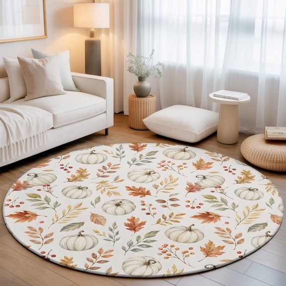 Washable Round Area Rug Thanksgiving White Pumpkin Circle Rugs Floor Carpet for Living Room Bedroom, Autumn Maple Leaves Soft Non Slip Round Rug 3ft