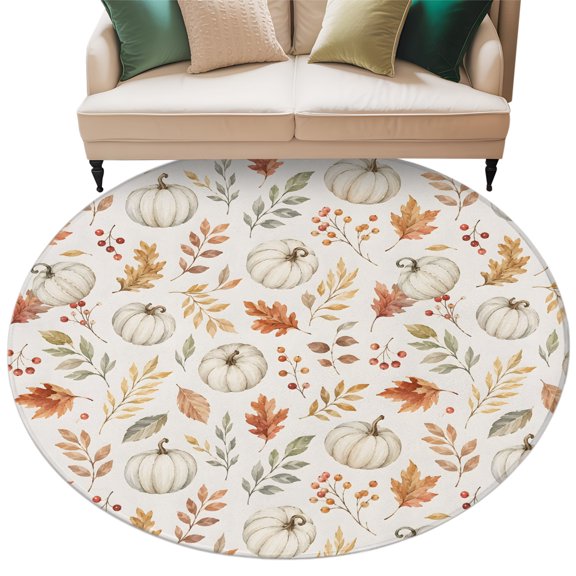 Washable Round Area Rug Thanksgiving White Pumpkin Circle Rugs Floor Carpet for Living Room Bedroom, Autumn Maple Leaves Soft Non Slip Round Rug 5ft