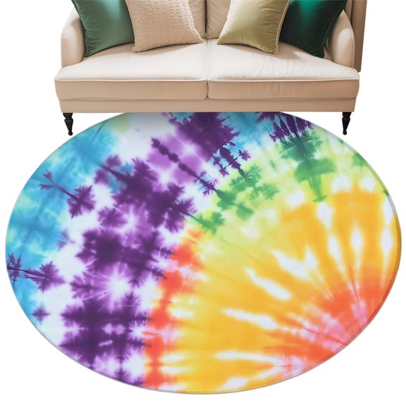 Washable Round Area Rug Tie-Dye Colorful Rainbow Circle Rugs Floor Carpet for Living Room Bedroom, Abstract Lines Soft Non Slip Round Rug 5ft