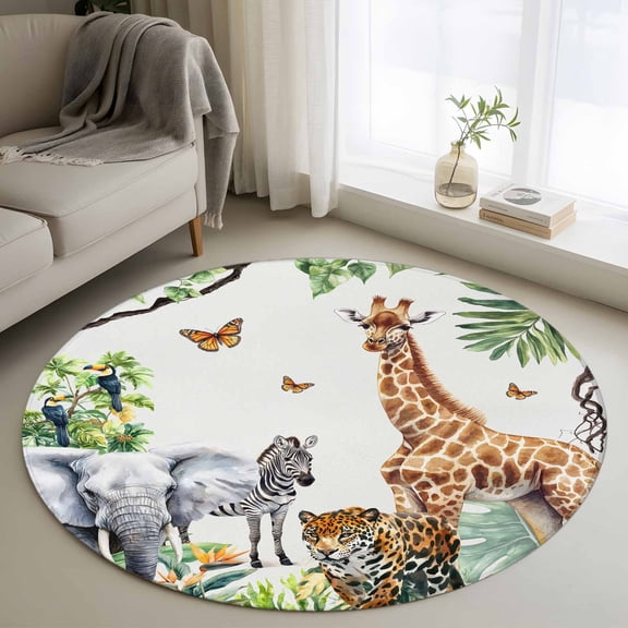 Washable Round Area Rug Tiger Elephant Giraffe Animal Circle Rugs Floor Carpet for Living Room Bedroom, Tropical Jungle Green Leaves Soft Non Slip Round Rug 3ft