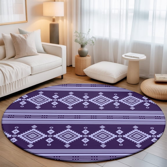 Washable Round Area Rug Tribal Geometric Purple Stripes Circle Rugs Floor Carpet for Living Room Bedroom, Retro Boho Striped Soft Non Slip Round Rug 3ft