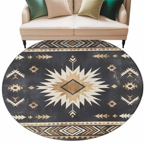 Washable Round Area Rug Tribal Southwestern Arrow Texture Circle Rugs Floor Carpet for Living Room Bedroom, Retro Black Brown Sunburst Soft Non Slip Round Rug 5ft
