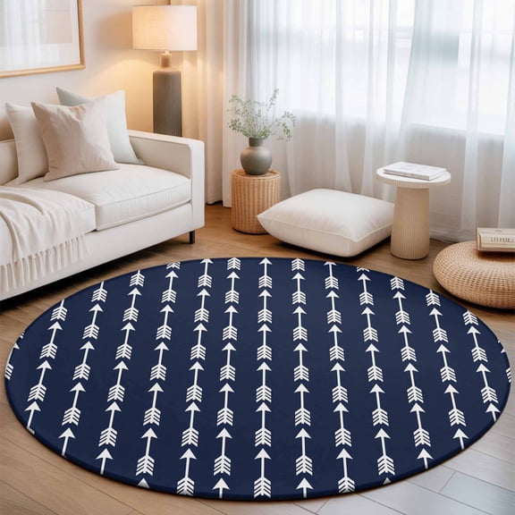 Washable Round Area Rug Tribal Style Arrows Feathers Circle Rugs Floor Carpet for Living Room Bedroom, Solid Color Blue Background Soft Non Slip Round Rug 3ft