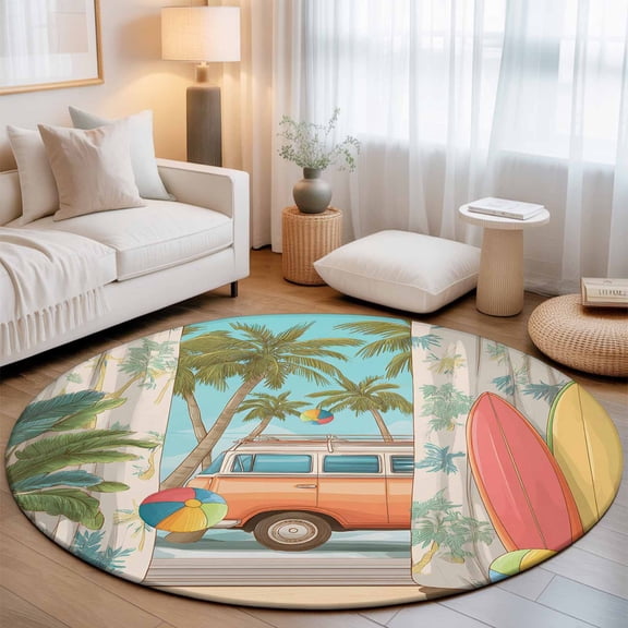 Washable Round Area Rug Tropical Beach Vacation Surfboard Circle Rugs Floor Carpet for Living Room Bedroom, Coconut Tree Camper Van Soft Non Slip Round Rug 3ft