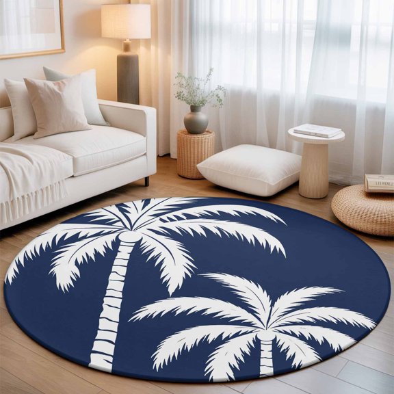 Washable Round Area Rug Tropical Coconut Tree Circle Rugs Floor Carpet for Living Room Bedroom, Deep Navy Background Soft Non Slip Round Rug 3ft