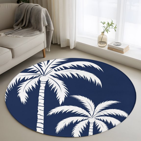 Washable Round Area Rug Tropical Coconut Tree Circle Rugs Floor Carpet for Living Room Bedroom, Deep Navy Background Soft Non Slip Round Rug 4ft