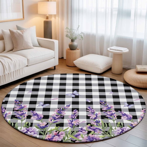 Washable Round Area Rug Vintage Countryside Purple Lavender Circle Rugs Floor Carpet for Living Room Bedroom, Floral on Black Plaid Soft Non Slip Round Rug 3ft
