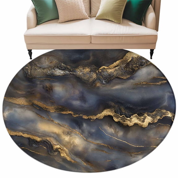 Washable Round Area Rug Vintage Marble Texture Seamless Circle Rugs Floor Carpet for Living Room Bedroom, Luxury Boho Gold Crack Soft Non Slip Round Rug 5ft