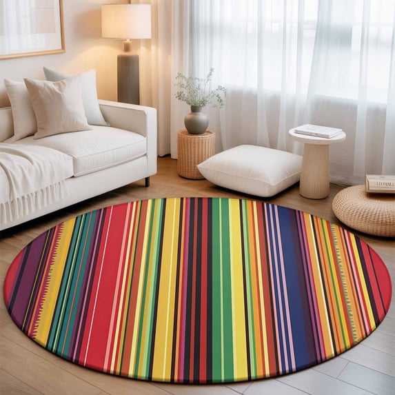 Washable Round Area Rug Vintage Mexico Colorful Stripe Circle Rugs Floor Carpet for Living Room Bedroom, Abstract Ombre Rainbow Pattern Soft Non Slip Round Rug 3ft