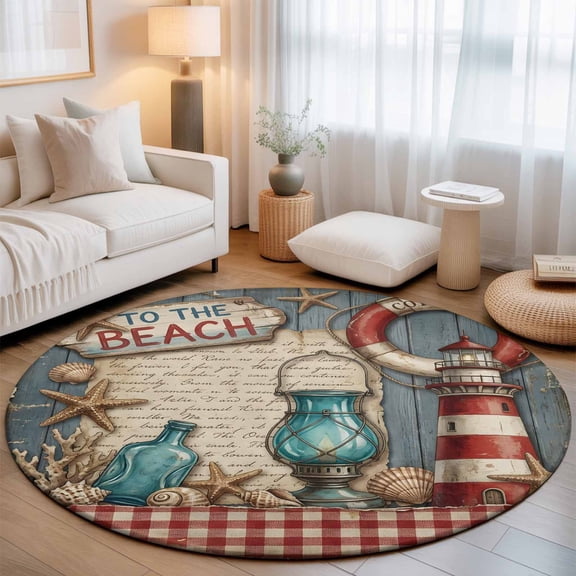 Washable Round Area Rug Vintage Nautical Lighthouse on Wooden Circle Rugs Floor Carpet for Living Room Bedroom, to The Beach Quote Soft Non Slip Round Rug 3ft